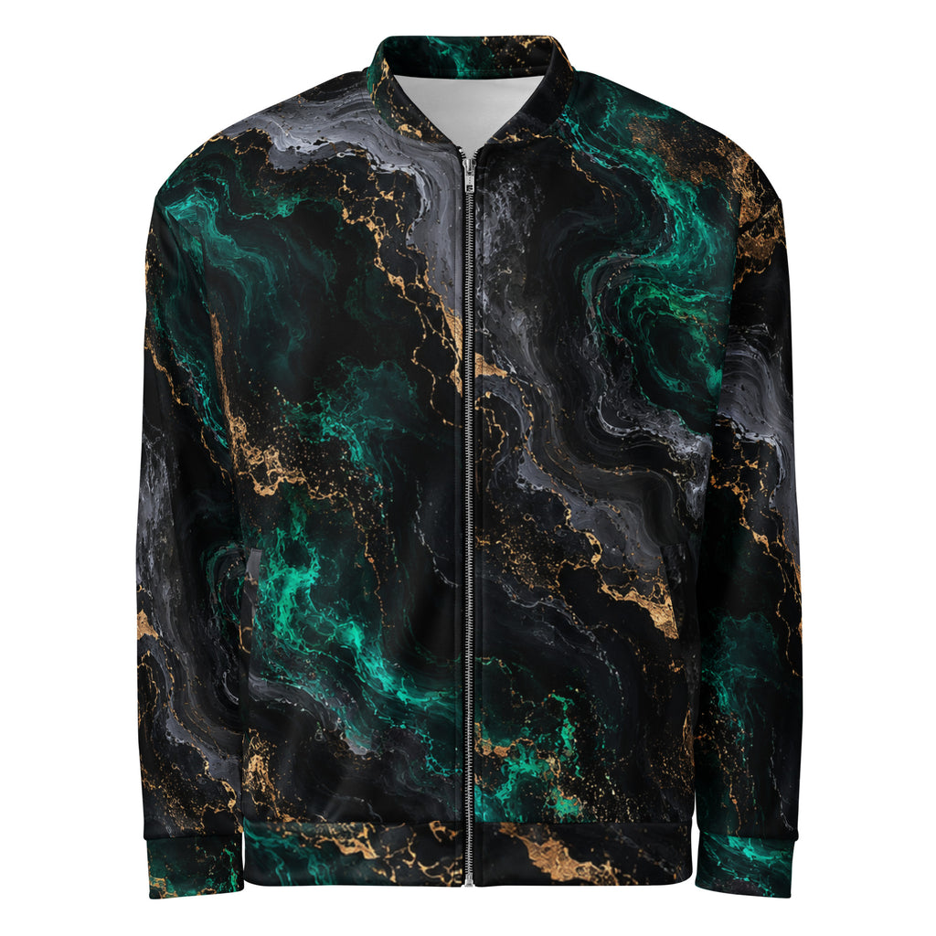 Emerald Obsidian unisex bomber jacket, front view – black, emerald and gold marble print