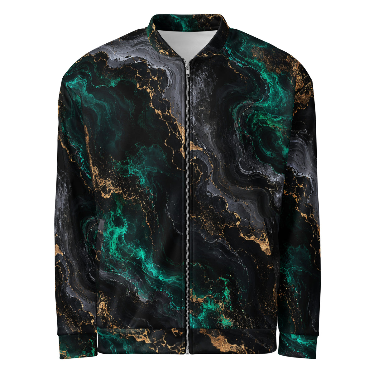 Emerald Obsidian unisex bomber jacket, front view – black, emerald and gold marble print
