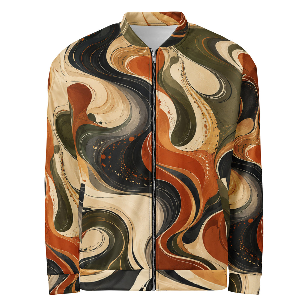 Terra Flux unisex bomber jacket, front view – burnt orange, olive and cream swirl print