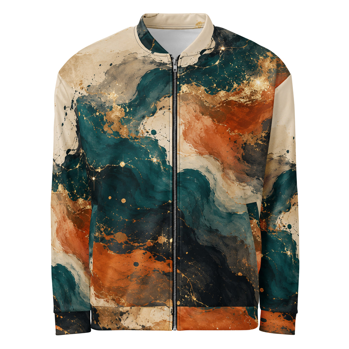 Ember Tide unisex bomber jacket, front view – teal, burnt orange and cream abstract print