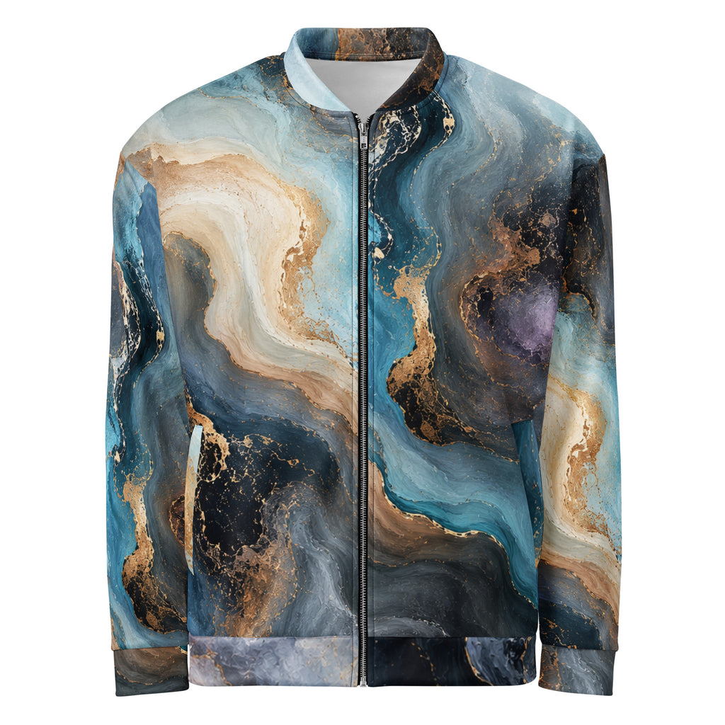 Oceanic Alchemy unisex bomber jacket, front view – navy, turquoise and ivory marble print
