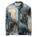Oceanic Alchemy unisex bomber jacket, front view – navy, turquoise and ivory marble print