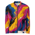 Chromatic Rush unisex bomber jacket, front view – yellow, electric blue and magenta marble print