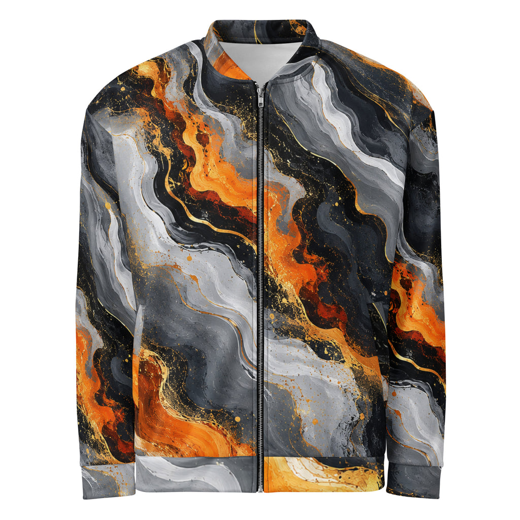 Molten Obsidian unisex bomber jacket, front view – charcoal, silver and fiery orange abstract print
