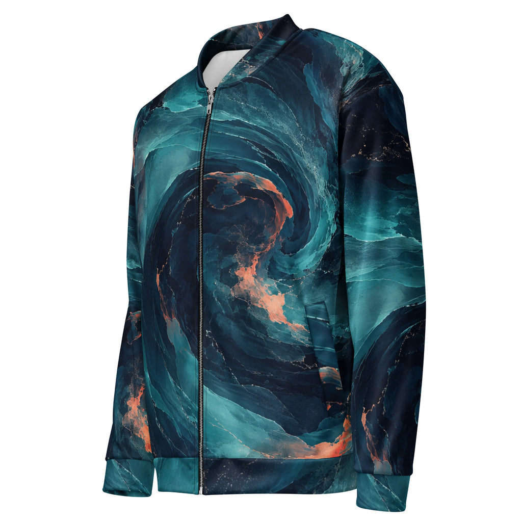 Angled front view of Neon Nebula all-over print bomber jacket