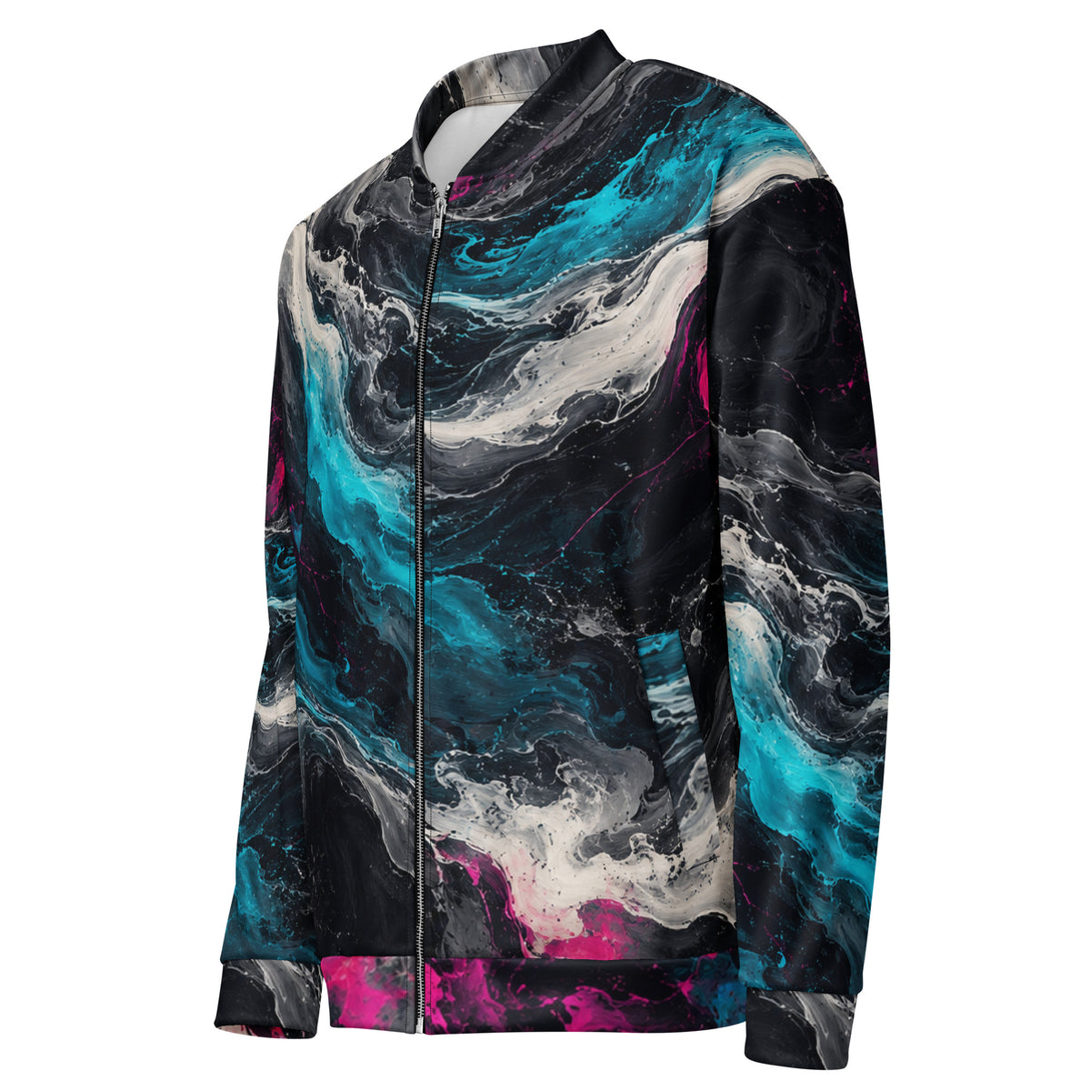 Geo Spectrum unisex bomber jacket, angled front view – turquoise, magenta and ivory marble print