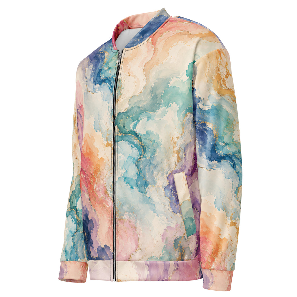 Ethereal Drift unisex bomber jacket, angled front view – ocean blue, blush pink and lavender watercolour print