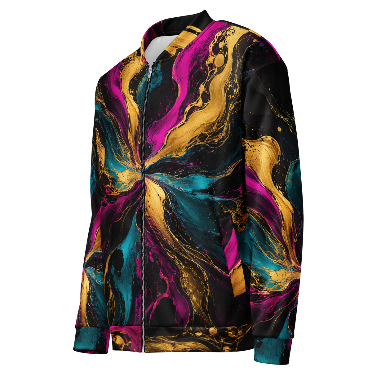 Chromatic Vortex unisex bomber jacket, angled front view – magenta, turquoise and golden-yellow swirl print