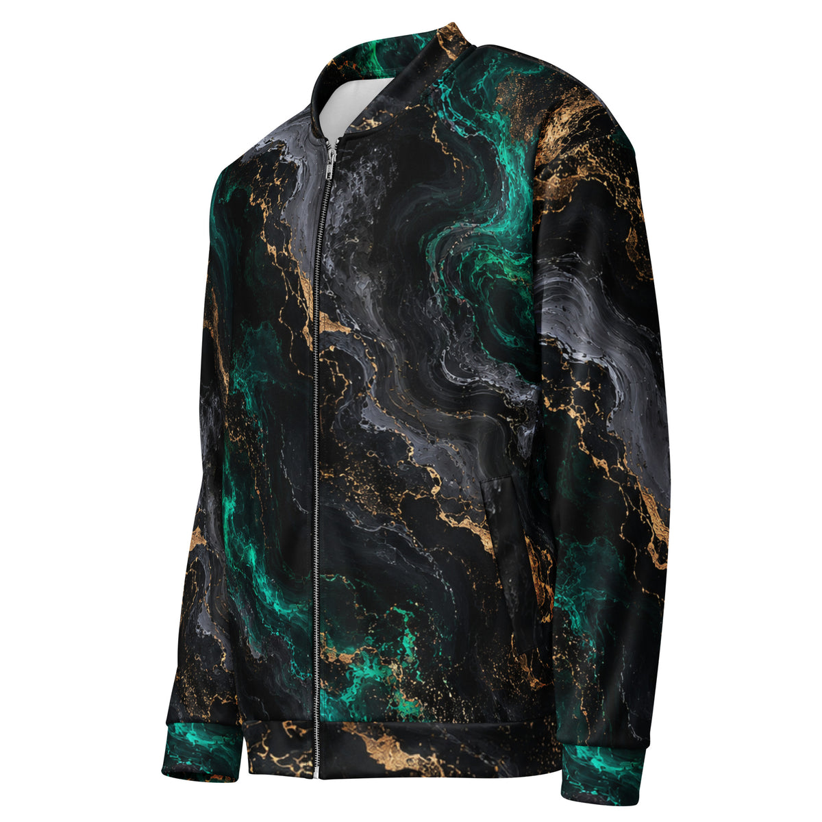Emerald Obsidian unisex bomber jacket, angled front view – black, emerald and gold marble print