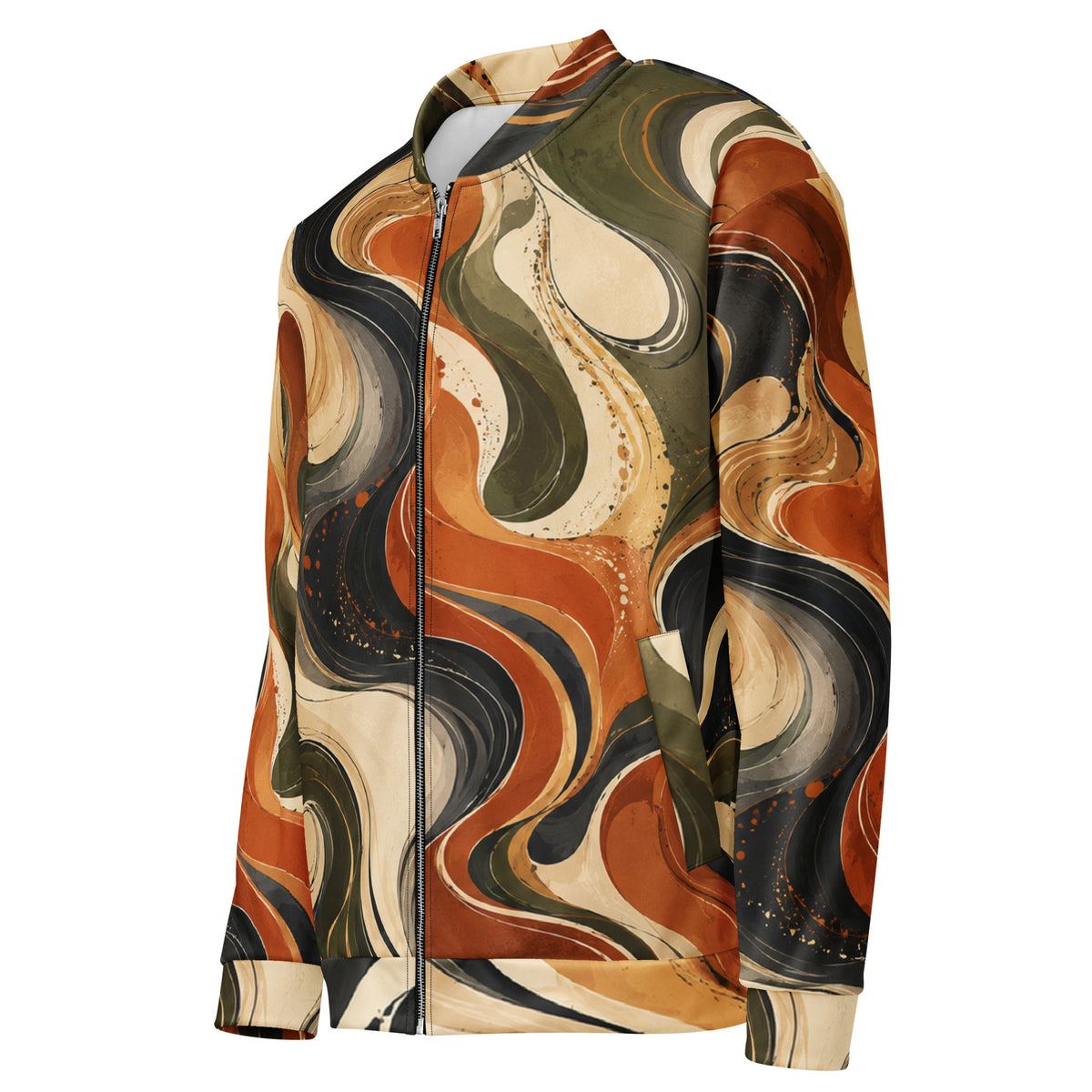 Terra Flux unisex bomber jacket, angled front view – burnt orange, olive and cream swirl print