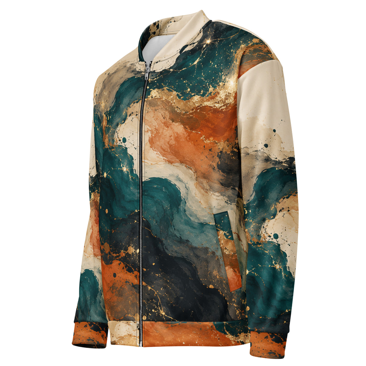 Ember Tide unisex bomber jacket, angled front view – teal, burnt orange and cream abstract print