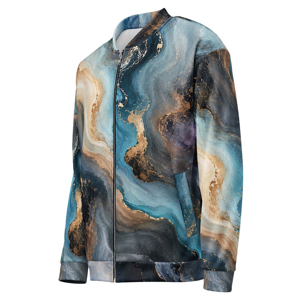 Oceanic Alchemy unisex bomber jacket, angled front view – navy, turquoise and ivory marble print
