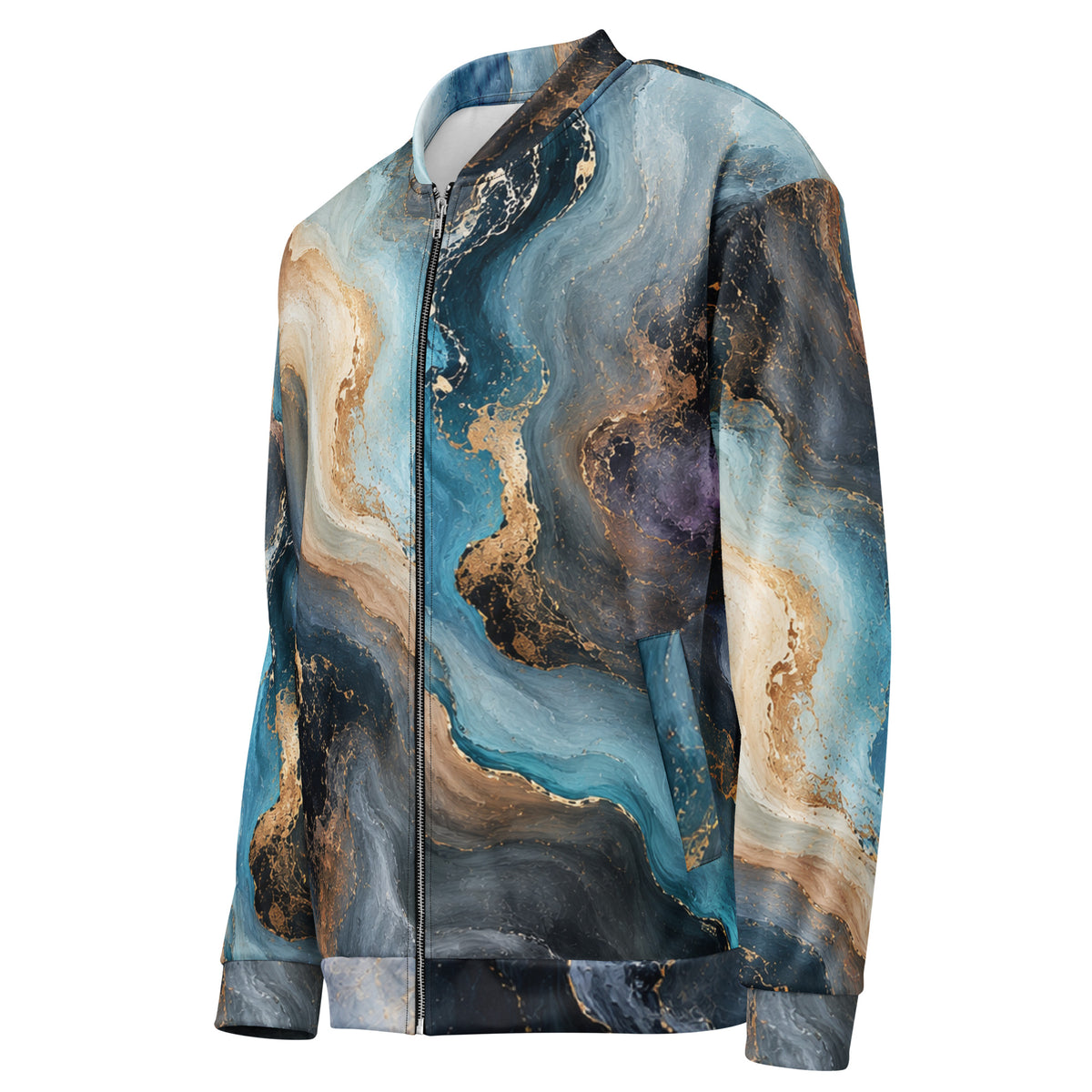 Oceanic Alchemy unisex bomber jacket, angled front view – navy, turquoise and ivory marble print
