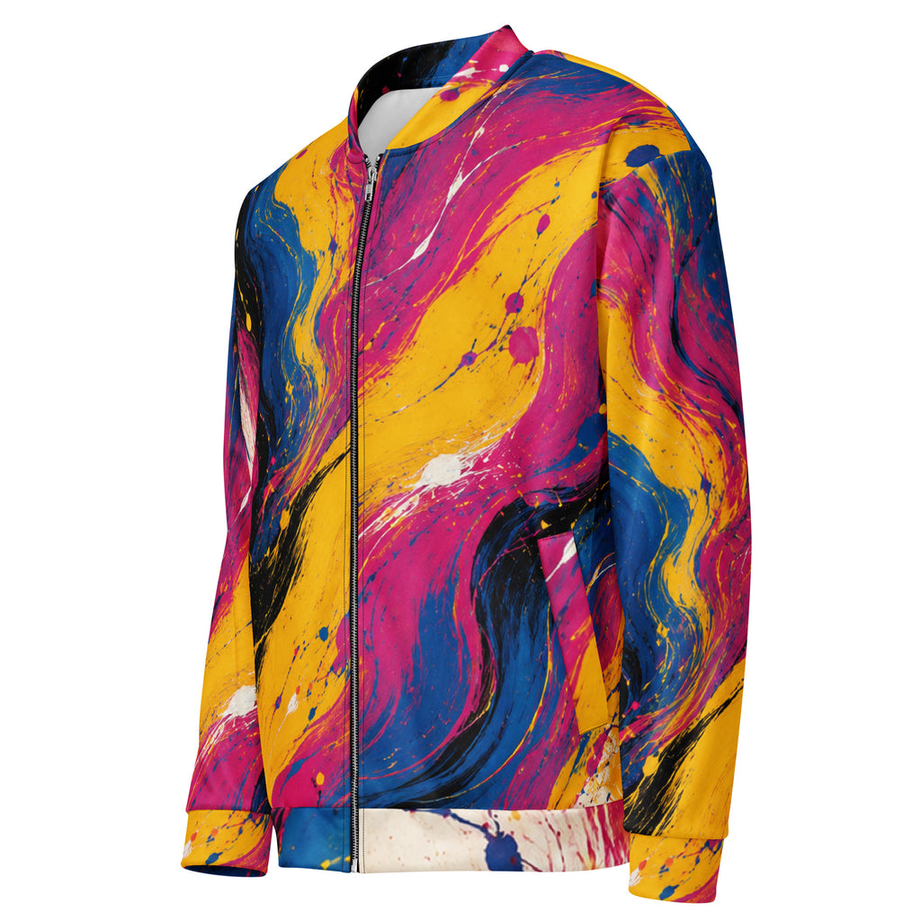 Chromatic Rush unisex bomber jacket, angled front view – yellow, electric blue and magenta marble print