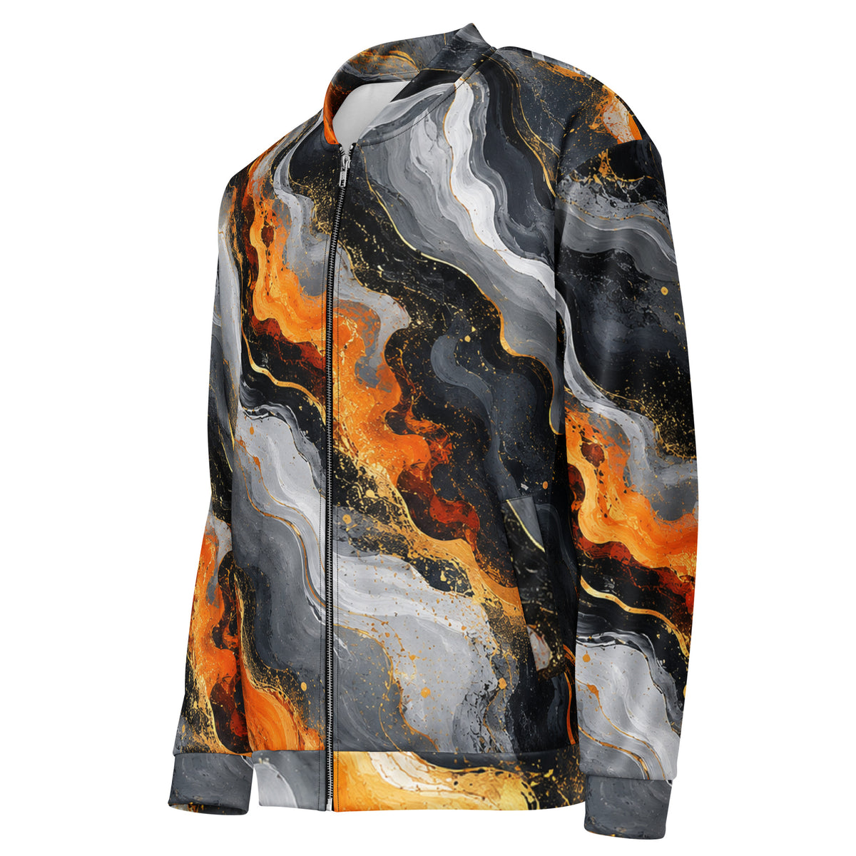 Molten Obsidian unisex bomber jacket, angled front view – charcoal, silver and fiery orange abstract print