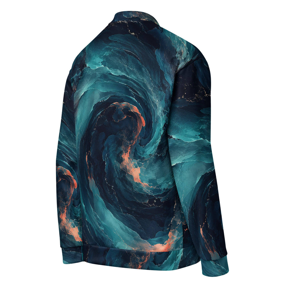 Neon Nebula unisex bomber jacket angled rear view with teal and navy design