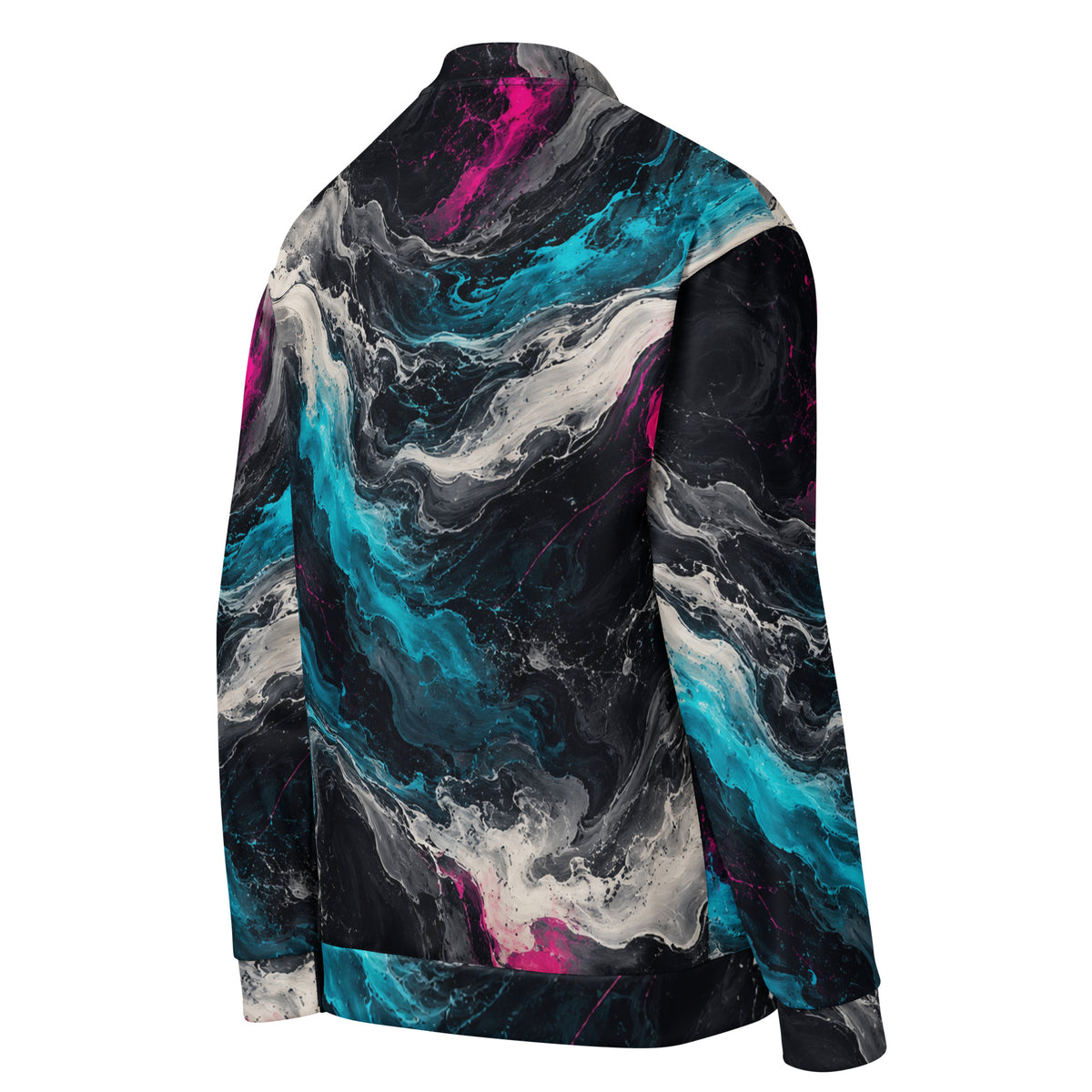 Geo Spectrum unisex bomber jacket, angled back view – turquoise, magenta and ivory marble print