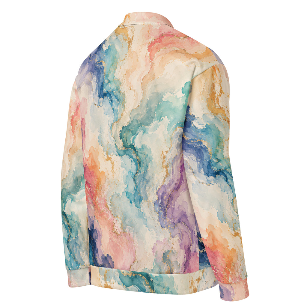 Ethereal Drift unisex bomber jacket, angled back view – ocean blue, blush pink and lavender watercolour print