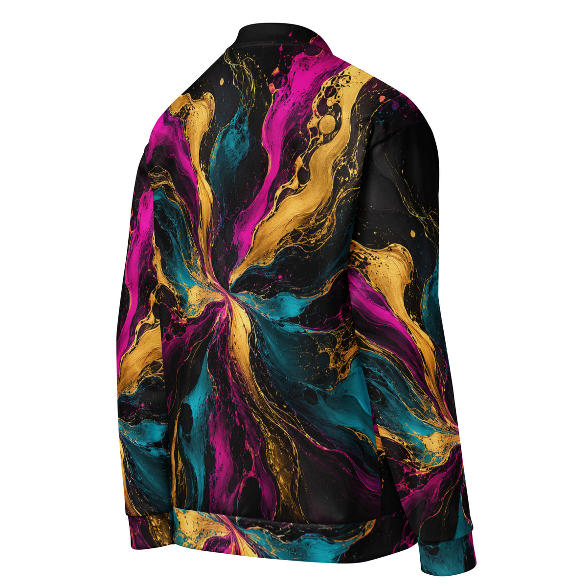 Chromatic Vortex unisex bomber jacket, angled back view – magenta, turquoise and golden-yellow swirl print