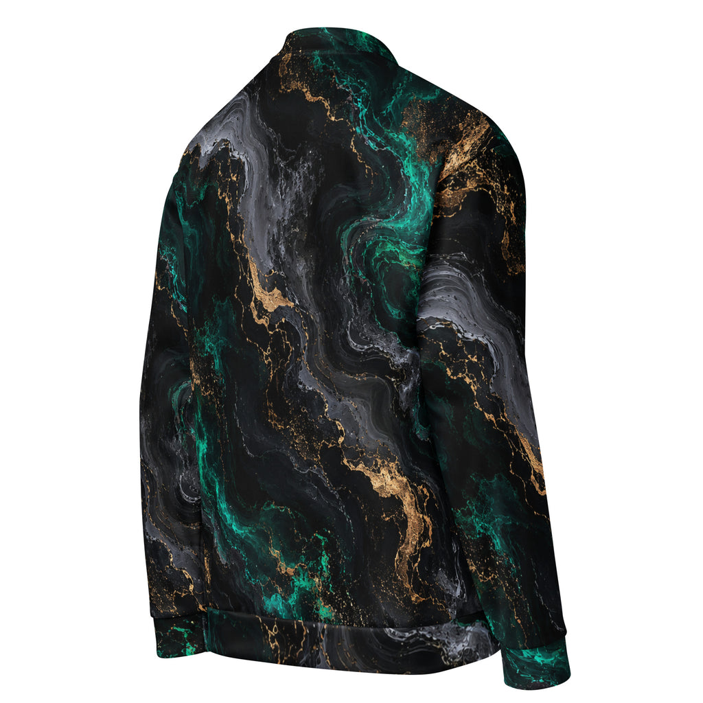 Emerald Obsidian unisex bomber jacket, angled back view – black, emerald and gold marble print