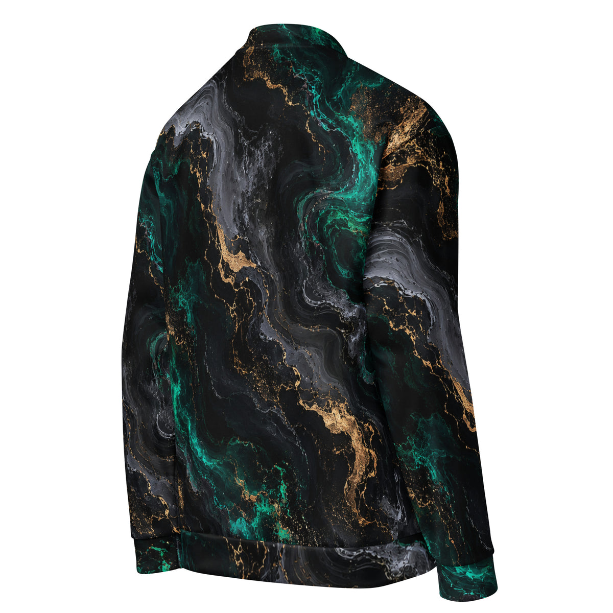 Emerald Obsidian unisex bomber jacket, angled back view – black, emerald and gold marble print