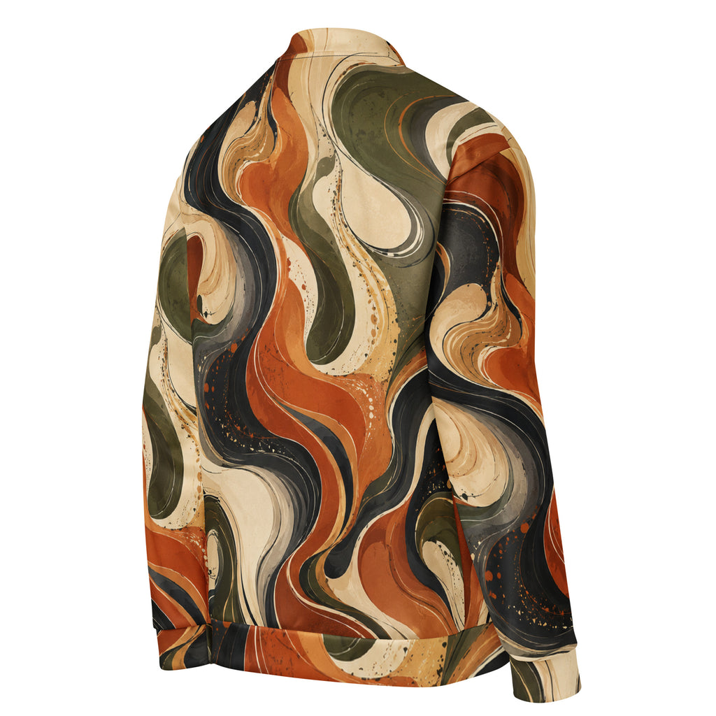 Terra Flux unisex bomber jacket, angled back view – burnt orange, olive and cream swirl print