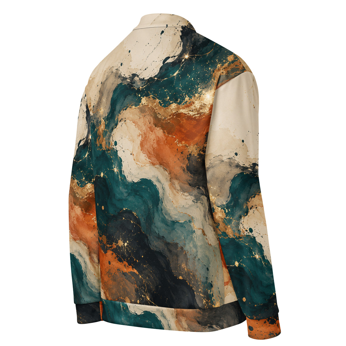 Ember Tide unisex bomber jacket, angled back view – teal, burnt orange and cream abstract print