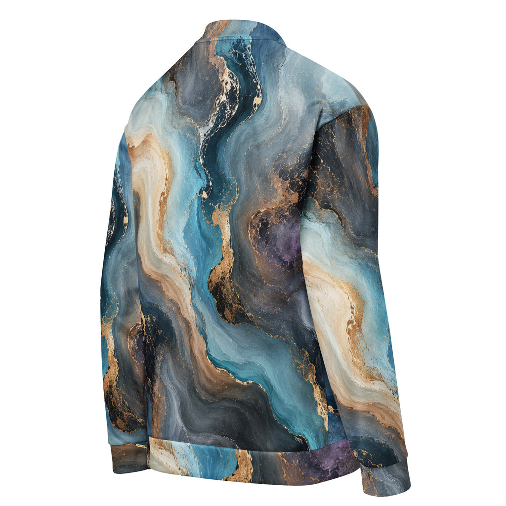 Oceanic Alchemy unisex bomber jacket, angled back view – navy, turquoise and ivory marble print