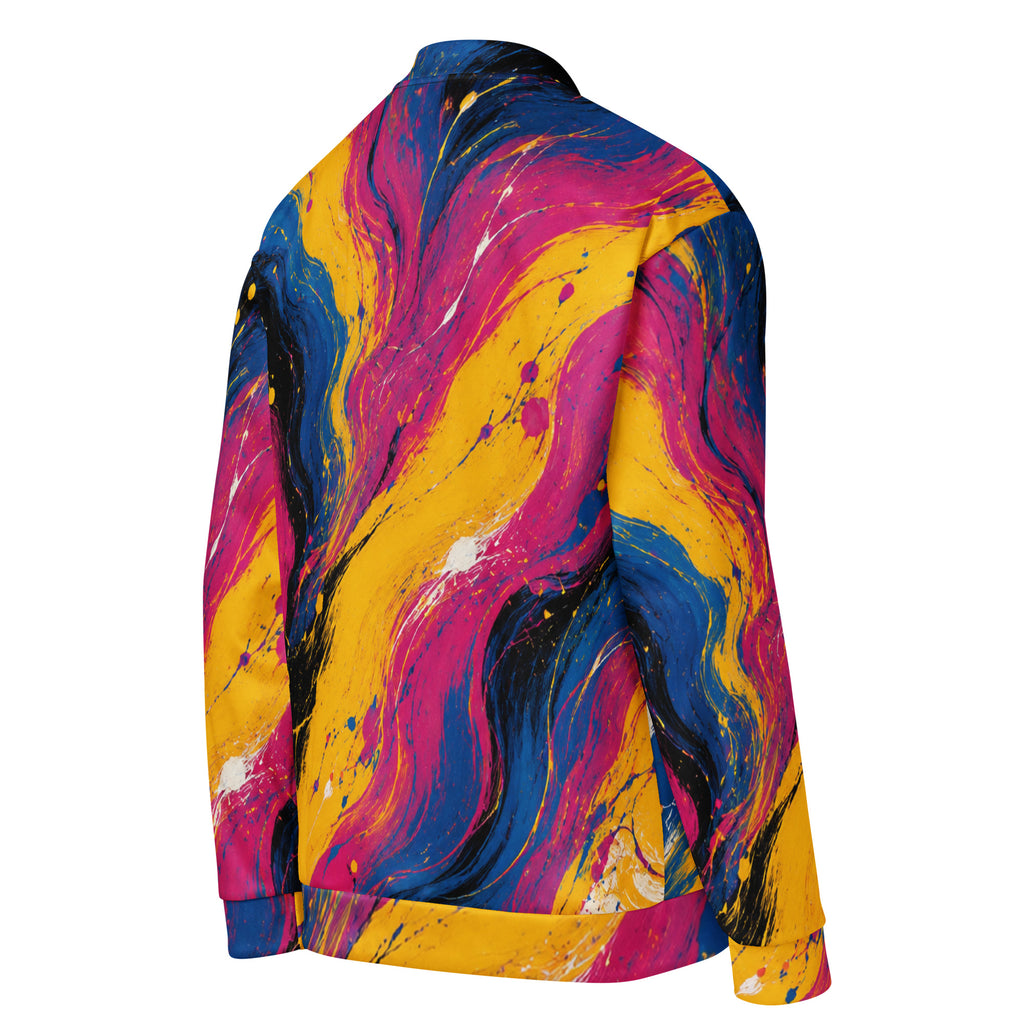 Chromatic Rush unisex bomber jacket, angled back view – yellow, electric blue and magenta marble print
