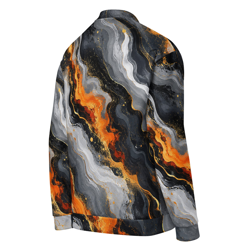 Molten Obsidian unisex bomber jacket, angled back view – charcoal, silver and fiery orange abstract print
