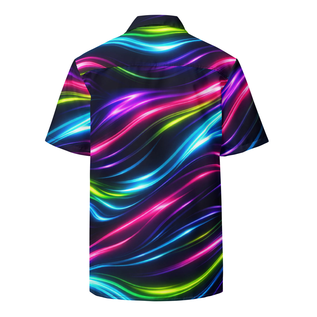 Neon Flow button-up shirt, back view – all-over neon flow print