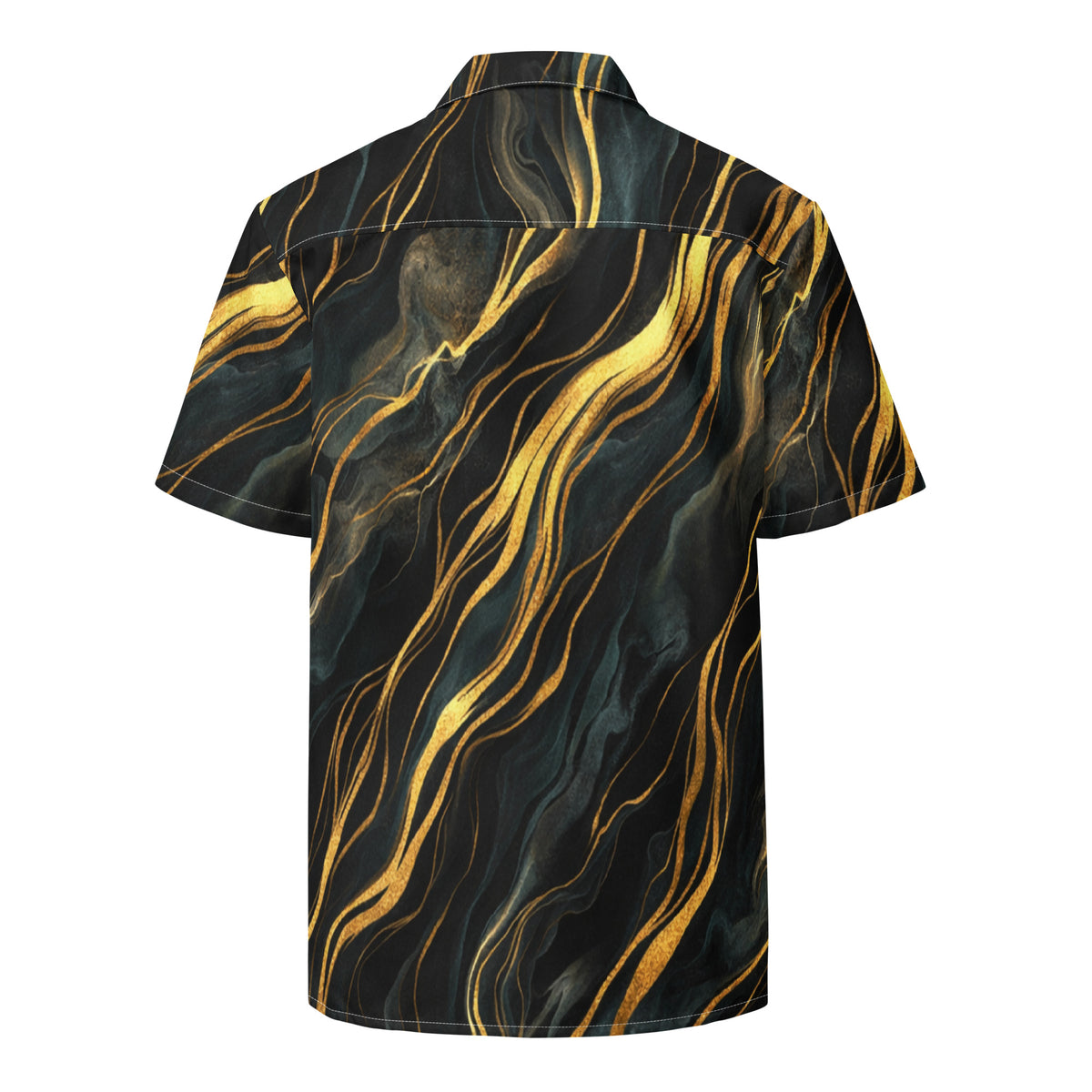 Obsidian Mirage Flow black and gold button-up shirt, back view product mockup
