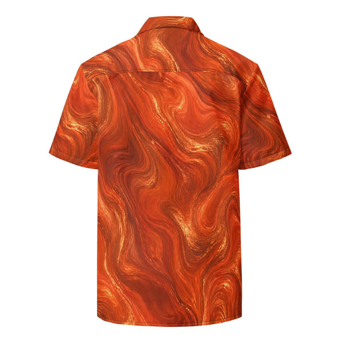 Burnt Copper Flow button-up shirt, back view showing the all-over copper marble print and back yoke