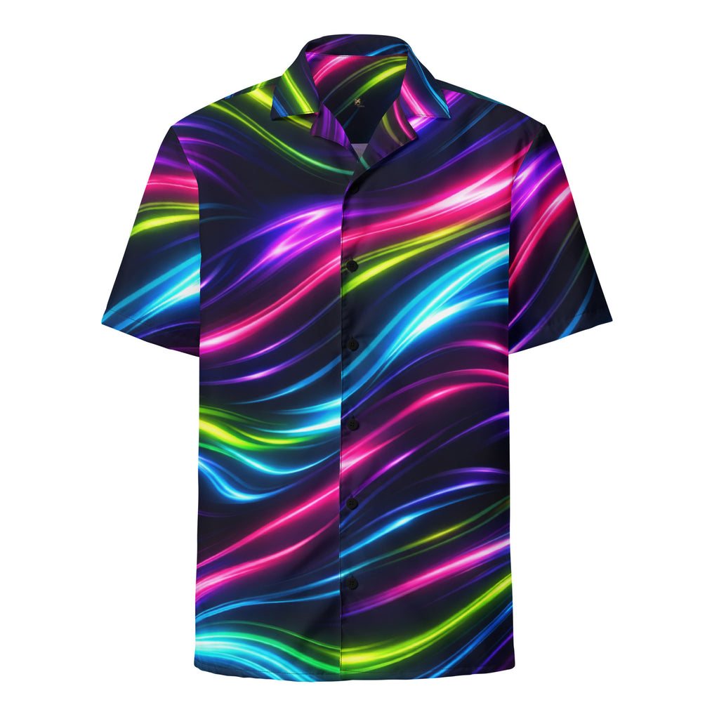 Neon Flow button-up shirt, front view – neon pink, blue and lime flow print on black