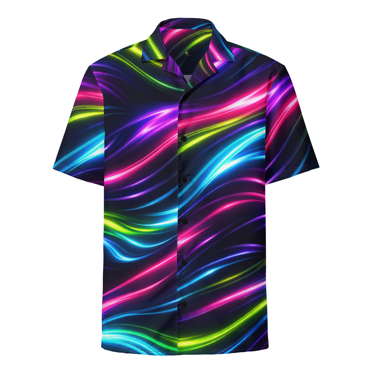 Neon Flow button-up shirt, front view – neon pink, blue and lime flow print on black
