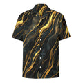 Obsidian Mirage Flow black and gold button-up shirt, front view product mockup with camp collar