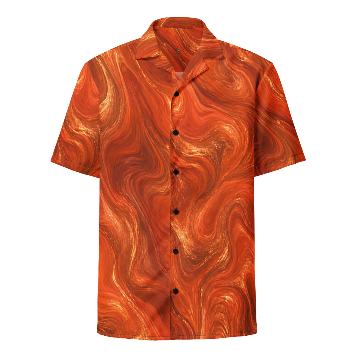 Burnt Copper Flow unisex button-up shirt, front view, all-over burnt orange and copper marble print with black buttons