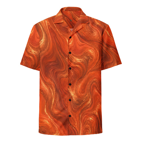 Burnt Copper Flow unisex button-up shirt, front view, all-over burnt orange and copper marble print with black buttons