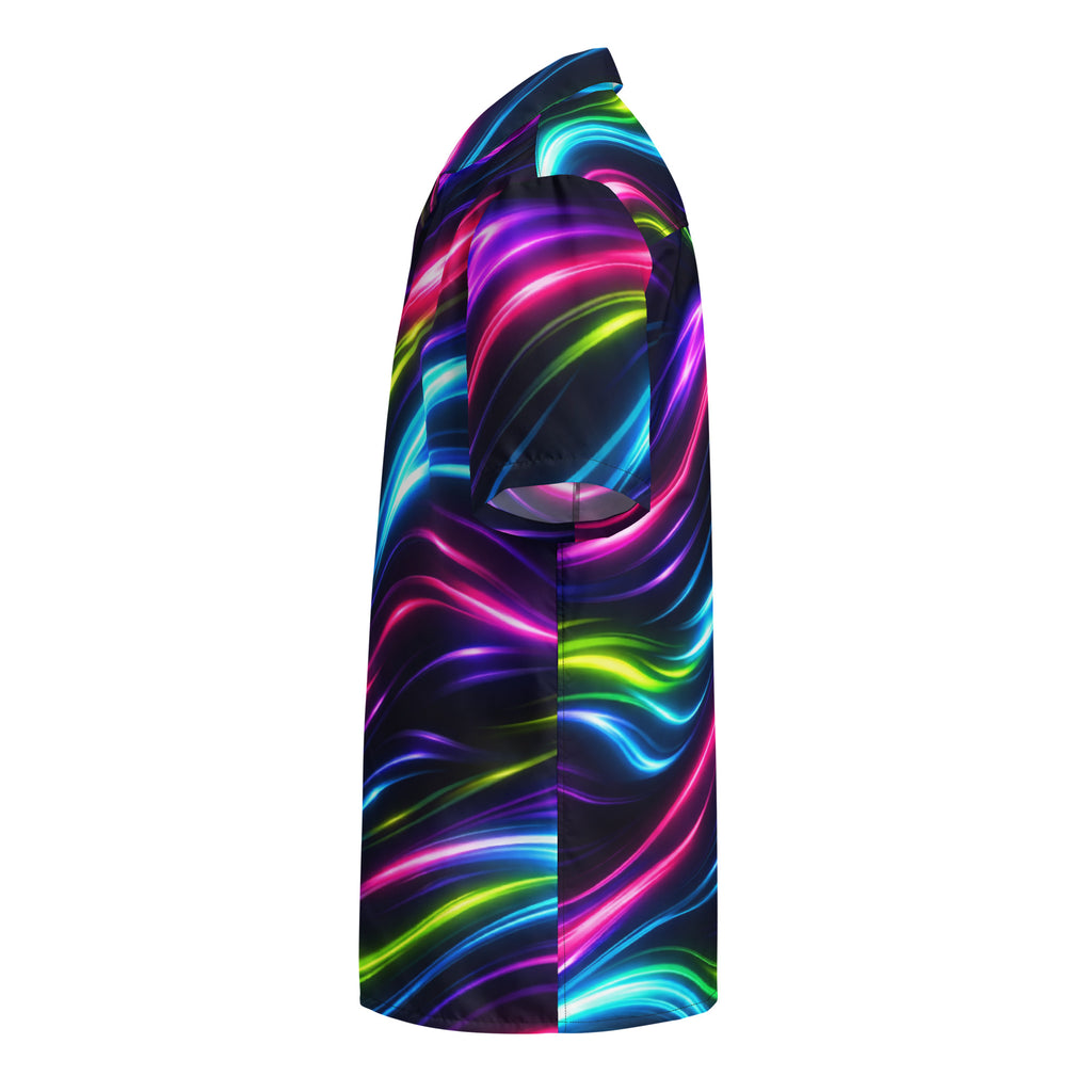 Neon Flow button-up shirt, left side view with short sleeve
