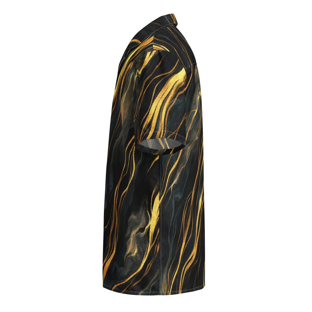 Obsidian Mirage Flow black and gold button-up shirt, left side view product mockup