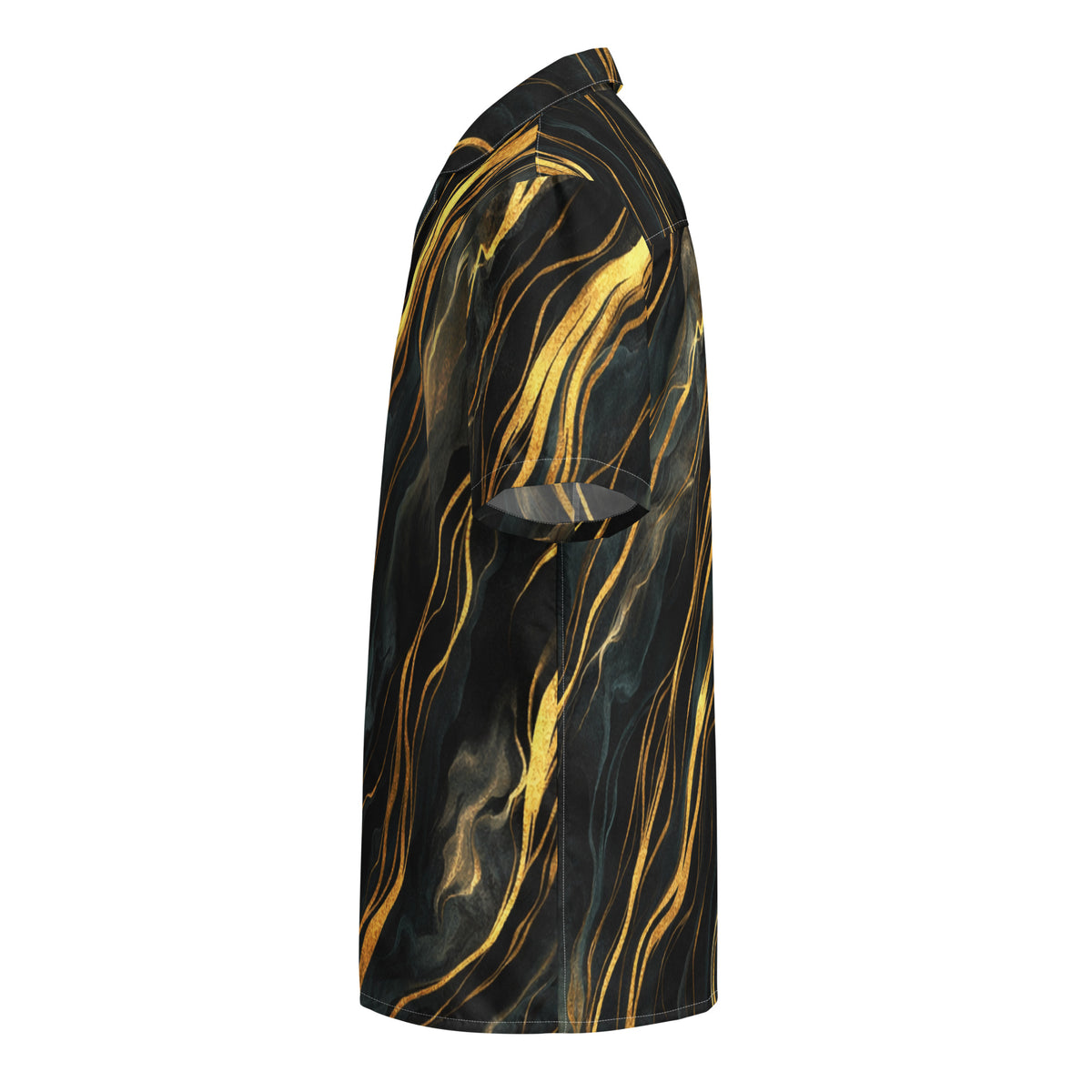 Obsidian Mirage Flow black and gold button-up shirt, left side view product mockup