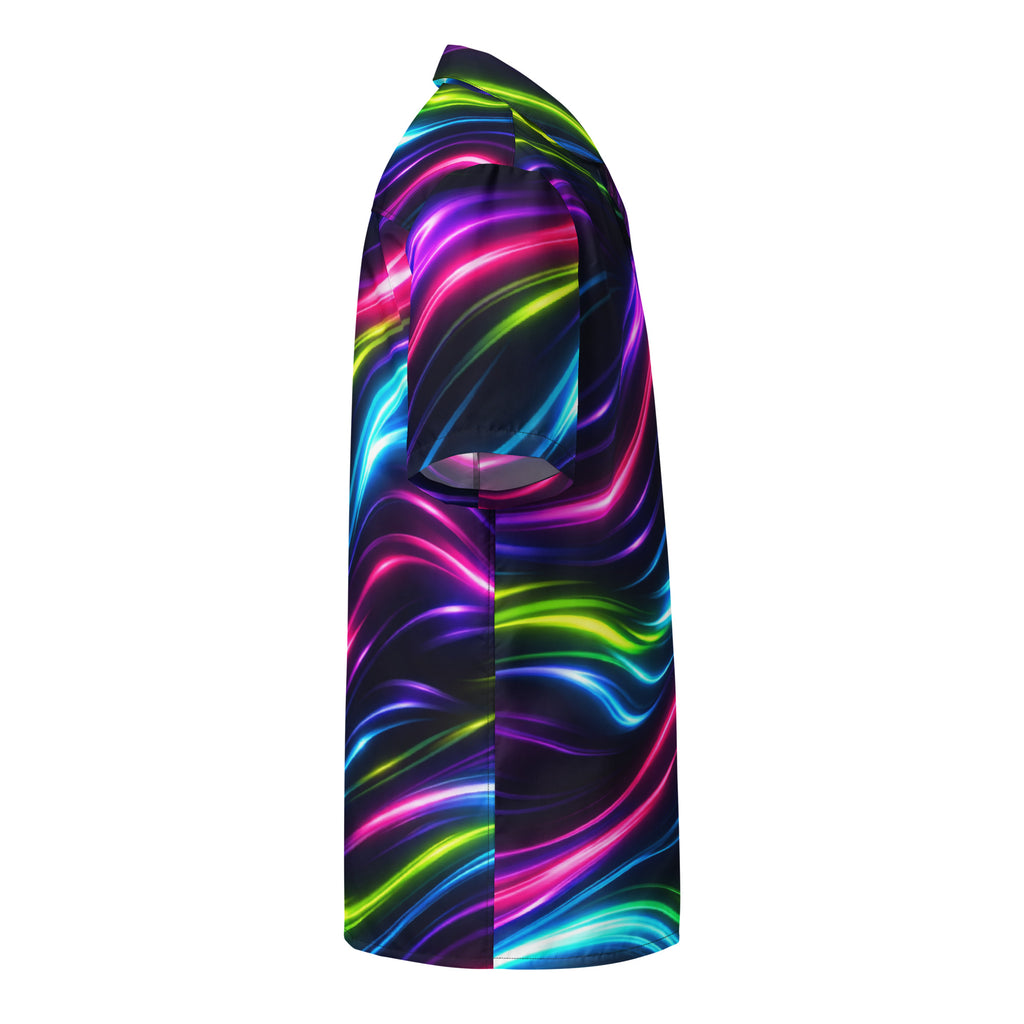 Neon Flow button-up shirt, right side view with short sleeve