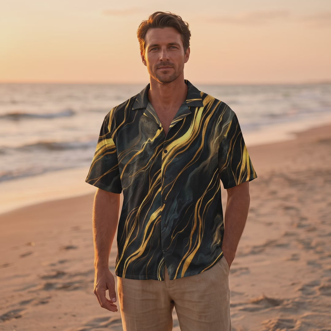 Obsidian Mirage Flow black and gold button-up shirt listing video