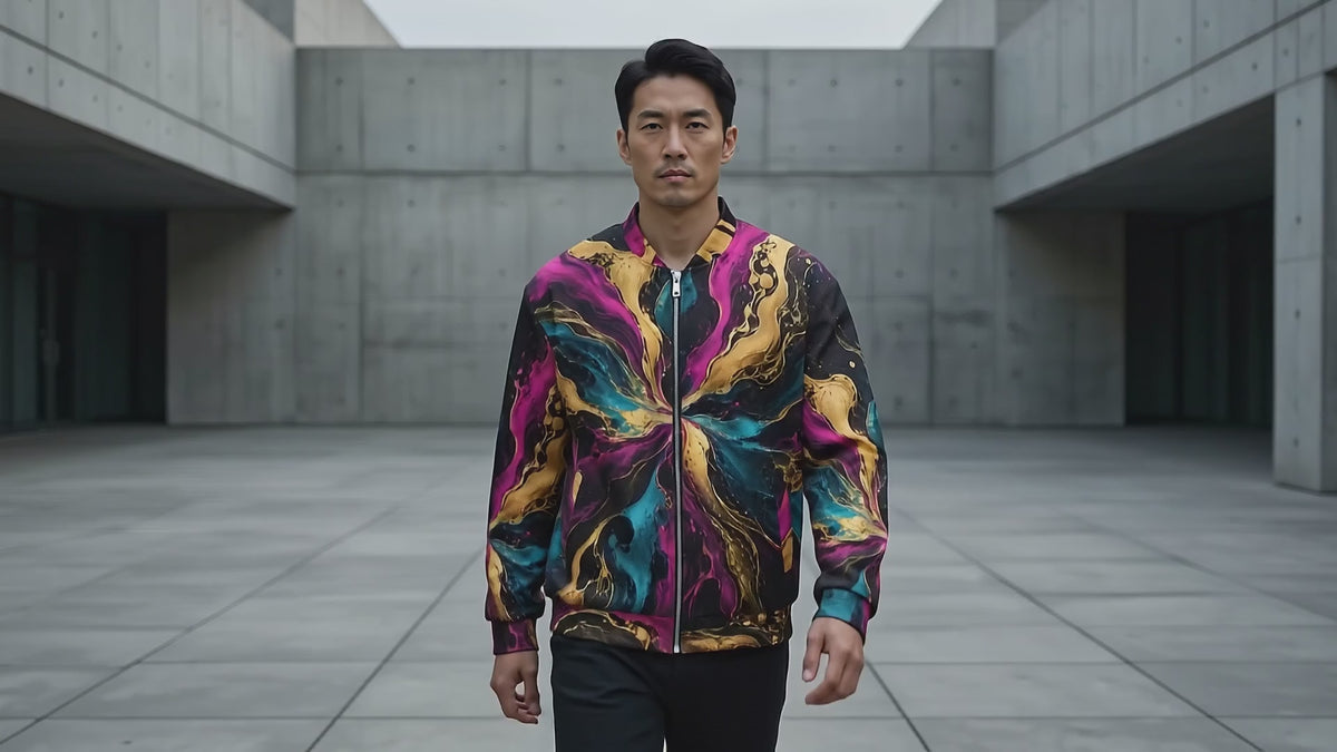 Chromatic Vortex unisex bomber jacket product video